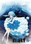  barefoot blue_eyes blue_hair bow cirno detached_wings hair_bow highres ice ice_wings ilis long_sleeves puffy_sleeves short_hair sitting solo touhou wings 