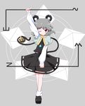  aho animal animal_ears basket capelet dowsing_rod dual_wielding grey_hair highres holding jewelry long_sleeves mouse mouse_ears nazrin one_eye_closed pendant puffy_sleeves red_eyes short_hair smile solo touhou 