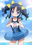  :3 alternate_hairstyle blue_eyes blue_hair bow cloud day hair_bow haru_(nature_life) heart heart_hands heartcatch_precure! innertube kurumi_erika one-piece_swimsuit precure school_swimsuit short_hair sky smile solo swimsuit twintails water 