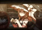  blonde_hair blurry bow braid camera daruma_doll depth_of_field fuurin_(omaemona) hat hat_bow holding kirisame_marisa long_hair looking_at_viewer shelf silk single_braid solo spider_web touhou white_bow witch_hat yellow_eyes 