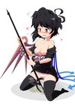  aho asymmetrical_wings black_hair black_legwear breasts collarbone heart highres houjuu_nue medium_breasts nipples off_shoulder open_mouth panties pee peeing polearm red_eyes short_hair short_sleeves solo thighhighs touhou trident underwear weapon white_panties wings 