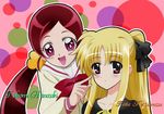  atomic-punch blonde_hair blush crossover fate_testarossa hair_ornament hanasaki_tsubomi heartcatch_precure! long_hair lyrical_nanoha mahou_shoujo_lyrical_nanoha mizuki_nana multiple_girls open_mouth ponytail precure red_eyes red_hair ribbon school_uniform seiyuu_connection smile twintails 