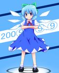  1girl 2009 aho blue_eyes blue_hair blush bow cirno crossed_arms detached_wings hair_bow highres ice ice_wings puffy_sleeves short_hair short_sleeves smile solo touhou wings 