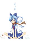  alternate_hairstyle barefoot blue_eyes blue_hair bow cirno detached_wings full_body hair_bow highres ice ice_wings ilis open_mouth ponytail puffy_sleeves scarf short_hair short_sleeves simple_background snowman solo touhou translated white_background wings 