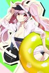  bag breasts collarbone cutout duffel_bag holding innertube large_breasts long_hair lowres pink_hair pinky_out polka_dot red_eyes smile solo sword_girls troly twintails visor_cap 