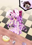  :3 :d =_= ahoge animal_ears ayase_shinji bad_id bad_pixiv_id blue_eyes blush blush_stickers bunny_ears cake camera checkered checkered_floor e.a.r.t.h food from_above long_hair multiple_girls naked_ribbon open_mouth purple_hair ribbon shiro_(e.a.r.t.h) smile surprised sweets table very_long_hair zico 