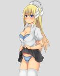  blonde_hair blue_eyes blush bra breasts busou_shinki doll_joints long_hair medium_breasts olbern panties simple_background skirt skirt_lift smile solo thighhighs underwear usagi1942 