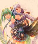  :d ahoge bare_shoulders checkered checkered_floor detached_sleeves green_eyes green_hair hatsune_miku headset locked_arms long_hair mayo_riyo multiple_girls open_mouth purple_hair red_eyes revision shiny skirt smile thighhighs traditional_media twintails very_long_hair vocaloid yowane_haku 