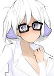  banned_artist between_breasts blush breasts cleavage dskn glasses horns large_breasts non-web_source original purple_eyes robot_ears shirt short_hair solo white_hair 