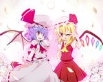  aho ascot bat_wings blonde_hair blue_hair cross crystal fang flandre_scarlet hat hat_ribbon highres jewelry moon multiple_girls one_eye_closed open_mouth petals puffy_sleeves red_eyes remilia_scarlet ribbon short_hair short_sleeves siblings side_ponytail sisters touhou v wings wrist_cuffs 