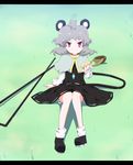  aho animal animal_ears capelet cheese dowsing_rod food grey_hair long_sleeves mouse mouse_ears nazrin puffy_sleeves red_eyes short_hair sitting smile solo touhou 