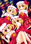  ascot bare_legs blonde_hair bow clone fang ferre flandre_scarlet four_of_a_kind_(touhou) glowing glowing_wings hand_on_own_chest hat hat_bow looking_back multiple_girls open_mouth red_eyes short_hair side_ponytail skirt skirt_set smile touhou waving wings wrist_cuffs 