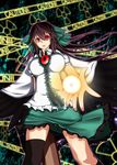  arm_cannon bow breasts cape caution caution_tape energy_ball hair_bow large_breasts nogisaka_kushio radiation_symbol red_eyes reiuji_utsuho shirt skirt solo thighhighs third_eye tight_shirt touhou weapon wings 