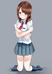  aldehyde bad_id bad_pixiv_id black_legwear blush brown_eyes brown_hair crossed_arms grey_background kneehighs kneeling looking_at_viewer necktie no_shoes okita_sawa pleated_skirt school_uniform skirt solo tari_tari tears twintails 