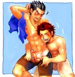 2boys abs bike_shorts black_hair blush brown_hair ca_(artist) censored cum erection flaccid humiliation laughing male male_focus male_only multiple_boys muscle navel nipples nude original penis pointless_censoring red_hair shiny shiny_skin shorts shorts_pull spiked_hair sweat swim_trunks swimsuit tan tanline testicles topless towel yaoi 