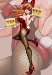  alcohol animal_ears ass beer blue_eyes bow bowtie brown_hair bunny_ears bunny_tail bunnysuit cup detached_collar fishnet_pantyhose fishnets highres long_hair mug neon_genesis_evangelion pantyhose sabrina_(pansuto) solo souryuu_asuka_langley tail tray wrist_cuffs zoom_layer 