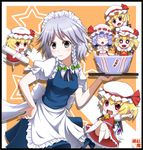  6+girls apron arm_up arms_up ascot blonde_hair blush border bowl braid chibi clone closed_eyes drooling fangs flandre_scarlet fork four_of_a_kind_(touhou) grey_eyes hand_on_hip hat hat_ribbon heart heart_in_mouth in_bowl in_container izayoi_sakuya knife lavender_hair maid maid_headdress minigirl mount_whip multiple_girls open_mouth red_eyes remilia_scarlet ribbon short_hair siblings side_ponytail silver_hair sisters skirt skirt_set smile star touhou tray twin_braids utensil white_legwear wings 