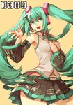  :d aqua_eyes aqua_hair armpits bare_shoulders detached_sleeves fingernails hand_on_own_chest hands hatsune_miku headset hitoto long_hair nail_polish navel necktie open_mouth skirt smile solo twintails very_long_hair vocaloid wide_hips 