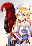  armor blonde_hair blue_eyes blush green_eyes headband katarina_du_couteau knife league_of_legends long_hair luxanna_crownguard multiple_girls red_hair scar staff xano 