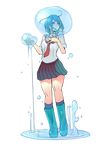 blue_eyes blue_hair bubble full_body hitoto holding_breath original puddle school_uniform serafuku short_hair skirt sleeves_rolled_up solo standing transparent_background water 