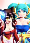  ahri animal_ears aqua_eyes aqua_hair bare_shoulders black_hair blush breasts cleavage collarbone energy_ball etwahl facial_mark fang fox_ears fox_tail large_breasts league_of_legends multiple_girls multiple_tails open_mouth sona_buvelle tail whisker_markings xano yellow_eyes 