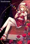  ankle_cuffs artist_name bad_id bad_pixiv_id blonde_hair chair crossed_legs crystal fang flandre_scarlet flower glowing glowing_eyes hat hat_ribbon highres mushroom_(artist) pointy_ears puffy_sleeves red_eyes red_flower red_rose ribbon rose short_hair short_sleeves side_ponytail sitting smile solo star touhou wings wrist_cuffs 