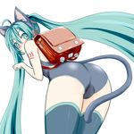  ahoge animal_ears backpack bag blush cat_ears cat_tail fake_animal_ears green_eyes green_hair hatsune_miku headset long_hair looking_back minazuki_itto randoseru simple_background solo swimsuit tail thighhighs twintails very_long_hair vocaloid white_background 