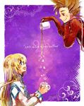  1girl blonde_hair blue_eyes brown_eyes brown_hair coffee collet_brunel commentary_request cup english engrish lloyd_irving long_hair mug nakariku pouring ranguage red_shirt shirt smile star tales_of_(series) tales_of_symphonia 