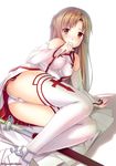  arm_support asuna_(sao) bare_shoulders blush breasts brown_eyes brown_hair caidychen covered_nipples detached_sleeves highres long_hair long_legs looking_at_viewer lying medium_breasts on_side panties red_eyes solo sword sword_art_online thighhighs underwear weapon white_legwear white_panties 