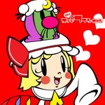  animal animal_on_head ascot blonde_hair blush blush_stickers chamupei chibi crescent flandre_scarlet hat hat_ribbon heart long_hair long_sleeves multiple_girls nose_hair on_head open_mouth parody patchouli_knowledge purple_hair red_background ribbon short_hair side_ponytail sleeves_past_wrists smile solid_oval_eyes style_parody super_milk-chan touhou wings 
