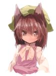  animal_ears bad_id bad_pixiv_id bow brown_eyes brown_hair cat_ears chen hat long_sleeves looking_at_viewer sawayaka_samehada shirt short_hair smile solo touhou upper_body vest 