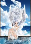 absurdres bare_shoulders barefoot dress feet floating_hair hand_to_own_mouth highres holding long_hair looking_at_viewer original paintbrush painting_(object) saberiii silver_eyes silver_hair sitting smile soles solo white_dress wings 