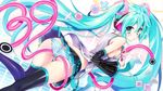  39 aqua_eyes aqua_hair ass breasts detached_sleeves gameplay_mechanics hatsune_miku headphones highres long_hair looking_back panties project_diva_(series) sideboob skirt small_breasts solo striped striped_panties thighhighs twintails underwear very_long_hair vocaloid youta 