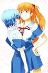  2girls asymmetrical_docking ayanami_rei blue_eyes blue_hair breast_press clenched_teeth eye_contact fang grin hands_on_hips highres long_hair looking_at_another looking_down looking_up multiple_girls neck_ribbon neon_genesis_evangelion oretoreon red_eyes red_hair ribbon school_uniform short_hair smile soryu_asuka_langley standing teeth 
