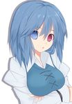  :o blue_eyes blue_hair breasts crossed_arms denpaken_pochi heterochromia large_breasts long_sleeves red_eyes short_hair simple_background solo tatara_kogasa touhou upper_body white_background 