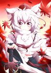  :3 animal_ears autumn_leaves bridal_gauntlets detached_sleeves fang hat highres holding inubashiri_momiji jewelry looking_at_viewer short_hair single_earring solo sword tail tokin_hat touhou ugume upper_body weapon white_hair wolf_ears wolf_tail 