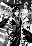  bible bird book cross cross_necklace crow earrings fate/stay_night fate_(series) feathers fur_trim gilgamesh greyscale high_contrast jewelry kotomine_kirei male_focus mayo_(lovesmaru) monochrome multiple_boys necklace 