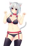  animal_ears bad_id bad_pixiv_id black_bra black_legwear black_panties blush bra braid breasts cat_ears cat_tail cleavage garter_belt highres izayoi_sakuya large_breasts panties paw_pose red_eyes silver_hair simple_background solo tail thighhighs touhou twin_braids underwear underwear_only white_background yagura_miketa 