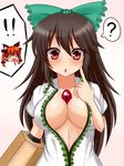  2girls ? animal_ears arm_cannon bad_anatomy bad_id bad_pixiv_id black_hair blood blush bow braid breasts cat_ears cleavage collarbone extra_ears finger_to_face hair_bow hair_ribbon haniwagi_(hal) highres kaenbyou_rin large_breasts long_hair midriff multiple_girls nosebleed o_o open_clothes open_mouth open_shirt pointy_ears red_eyes red_hair reiuji_utsuho ribbon shirt third_eye touhou twin_braids upper_body weapon 