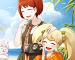  :d ^_^ blonde_hair blush_stickers bob_cut bunny camera closed_eyes danganronpa freckles hand_on_another's_head hand_to_own_mouth heart hitoto holding koizumi_mahiru monomi_(danganronpa) multiple_girls necktie open_mouth red_hair saionji_hiyoko school_uniform short_hair skirt smile super_danganronpa_2 tree twintails 