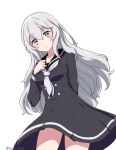  1girl alternate_hairstyle arm_behind_back blush collarbone eriizane eyebrows_visible_through_hair hair_between_eyes hand_on_own_chest konno_junko long_hair long_sleeves looking_at_viewer school_uniform silver_eyes silver_hair smile solo twitter_username white_background zombie_land_saga 