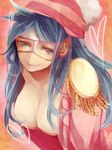  1girl akizuki_hakuto blue_hair breasts cleavage hat large_breasts long_hair mask one_piece porche smile solo 
