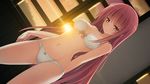  bare_shoulders bow bow_bra bow_panties bra breasts brown_eyes cleavage dutch_angle game_cg highres imouto_no_katachi long_hair medium_breasts mutou_kurihito navel panties pink_hair sena_miyuki solo sunset sweat underwear underwear_only very_long_hair white_bra white_panties 