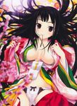  absurdres black_hair blurry bow bow_panties breasts brown_eyes cameltoe depth_of_field flower hair_in_mouth highres large_breasts long_hair looking_at_viewer lying miyama-zero on_back open_clothes original panties scan smile solo sunlight underwear white_panties 