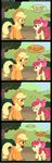  apple_bloom_(mlp) applejack_(mlp) blonde_hair bushes comic cub cutie_mark dialog dialogue english_text equine female feral friendship_is_magic fur green_eyes hair hat horse mammal my_little_pony orange_fur outside pony red_hair ribbons sky text tree veggie55 wood yellow_fur young 