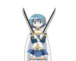  animated animated_gif blue_eyes blue_hair blush breasts dual_wielding hair_ornament hairclip hangaku highres holding magical_girl mahou_shoujo_madoka_magica mahou_shoujo_madoka_magica_movie medium_breasts miki_sayaka short_hair skirt smile solo sword transparent_background weapon 