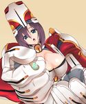  :o ao_(time-leap) armor blue_eyes breasts cleavage feeding hat kyoukaisenjou_no_horizon large_breasts mechanical_arm pov_feeding purple_hair short_hair solo tachibana_gin 