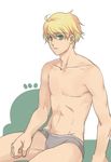  arthur_pendragon_(fate) bad_id bad_pixiv_id blonde_hair briefs chocolateonly fate/prototype fate_(series) green_eyes grey_briefs male_focus shirtless simple_background solo underwear 