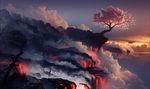  cherry_blossoms cliff cloud copyright_request daniel_conway molten_rock no_humans ocean scenery smoke steam sunset tree 