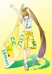  anklet arm_behind_head arm_up barefoot bow brown_hair c.c._lemon c.c._lemon_(character) crossed_legs food frills fruit geta green_eyes grin hair_bow hakama japanese_clothes jewelry lemon long_hair midriff navel outstretched_arm ponytail raybar shorts smile solo standing thumbs_up very_long_hair watson_cross yellow_hakama 